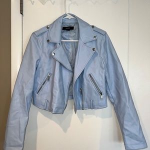 Powder Blue Cropped Faux Leather Jacket